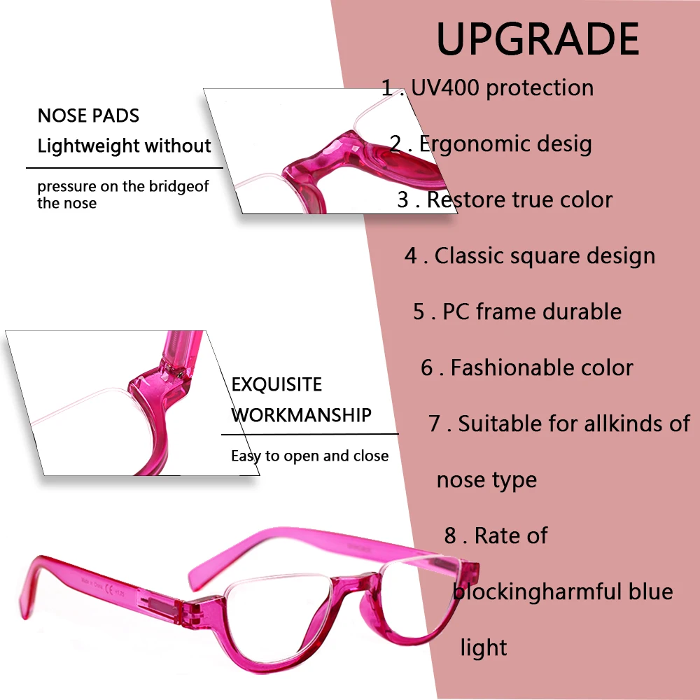 Boncamor Half Frame Round Reading Glasses for Women Spring Hinge High Quality HD Lenses Lightweight Prescription Eyewear 0-+6.0