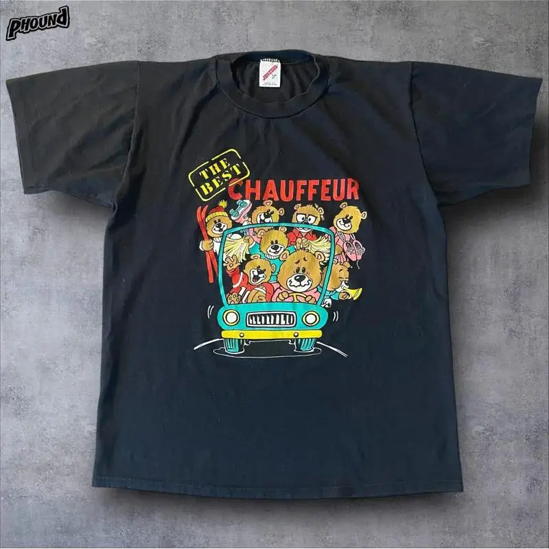 تي شيرت Vintage The Best Chauffeur للرجال كبير أسود Jerzees مضحك الدب سيارة 90s #1