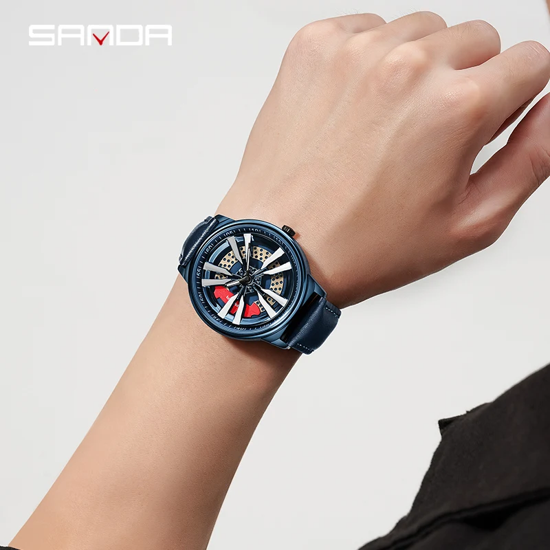 SANDA-reloj deportivo de cuarzo para hombre, cronógrafo con correa de cuero, cubo de rueda de coche, estilo militar, nuevo diseño, P1111
