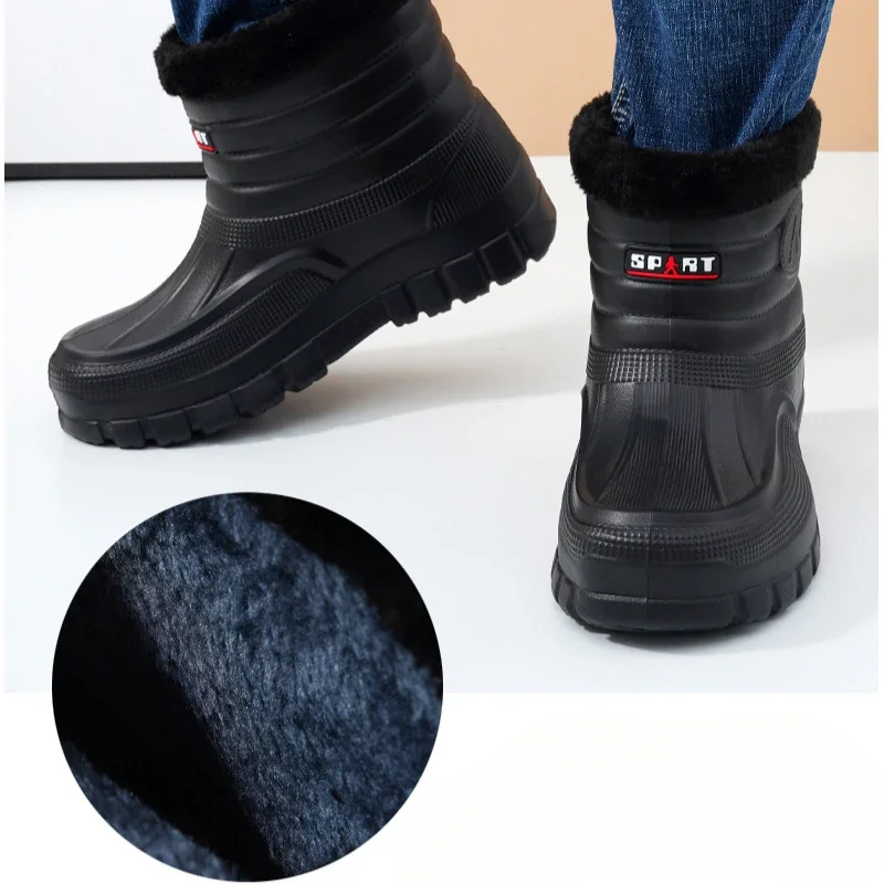 Winter Plush Warm shoes men Outdoor Waterproof Cotton shoes man Rain Boots Work Boots Mid-high Tube Water Shoes Snow Boots botas