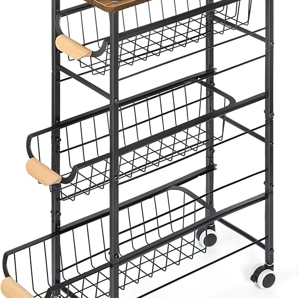 

Универсальная тележка на колесиках с узким пространством: 4-уровневое хранилище с деревянной столешницей и выдвижными корзинами для кухни, ванной комнаты и стирки