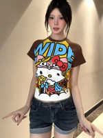 2025 New Hello Kitty T-shirts Anime Sanrio Fashion Short Tops Y2k Summer Cute Tees Cartoon Print High Street Short Sleeve Tops