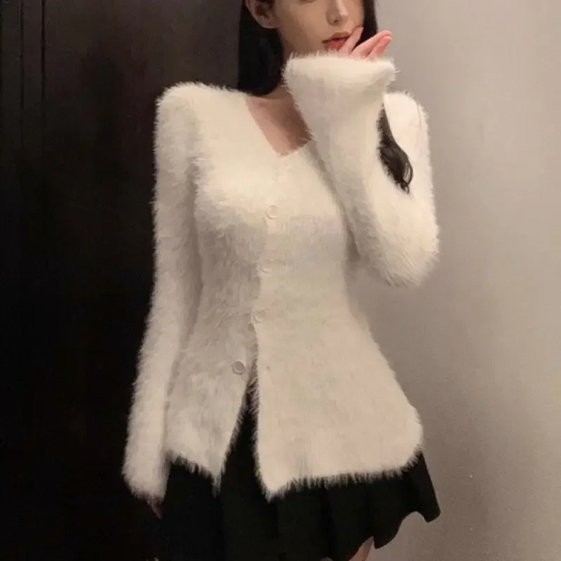 Pure Desire V-neck Soft Supple Faux Squirrel Cardigan Women's Autumn/winter Slimming Knit Inner Waist-fitted Smooths Silhouette