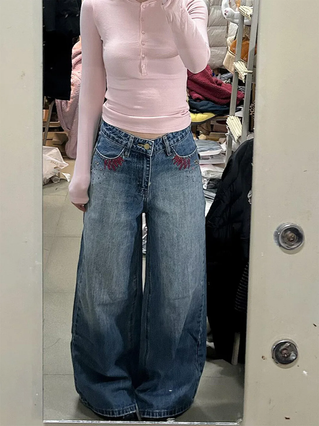 

Loose Fit Blue Denim Jeans Women's American Style Wide Leg Pants Summer New Arrival Pocket Embroidery Slimming Effect