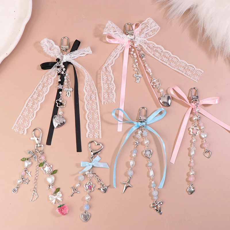 Lace Bowknot Keychain Star Love Bow Strawberry Charm Bag Pendant Keyring Jewelry Bag Decor