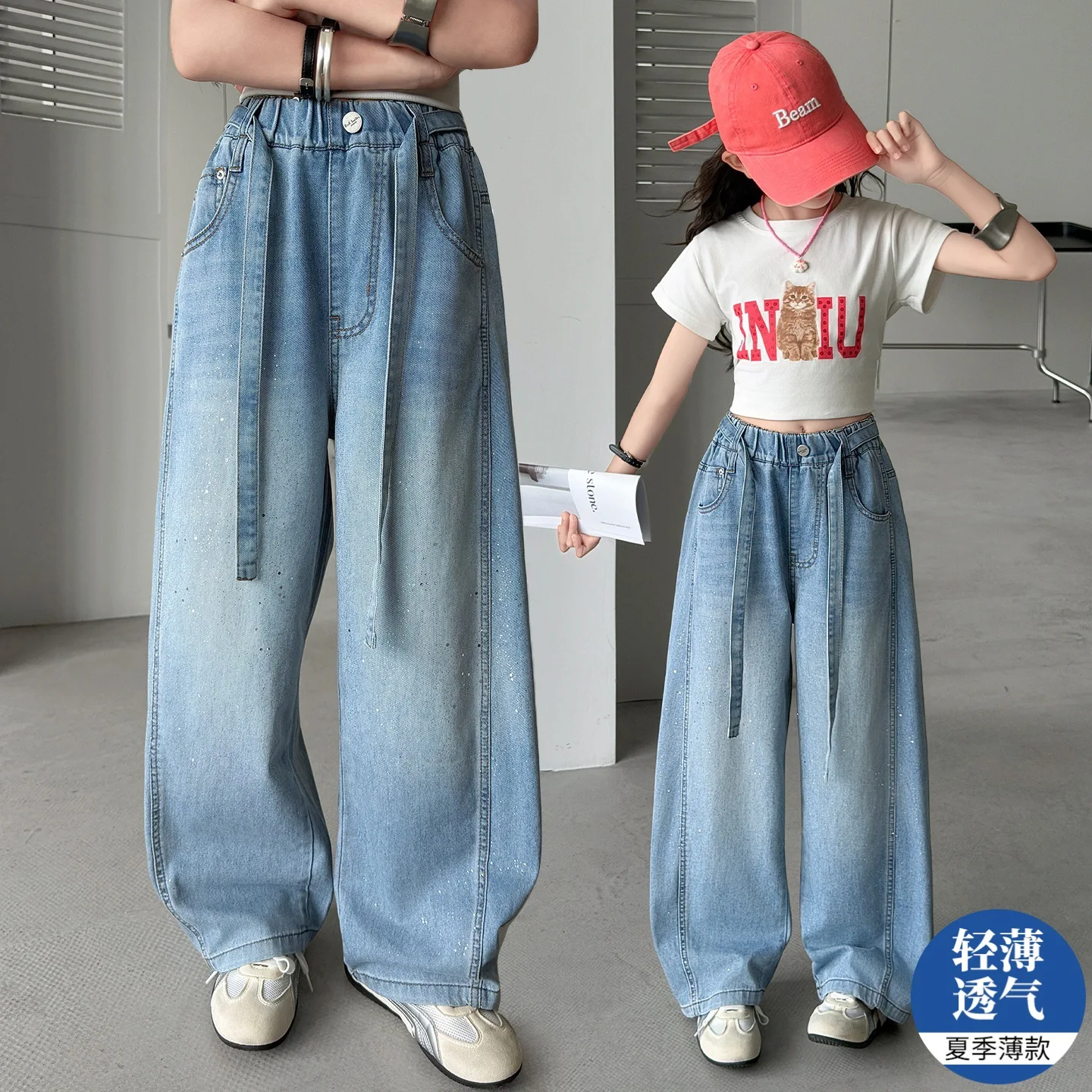 Girl Summer Jeans Rhineston New Arrival Teen Girls Thin Loose Wide Leg Pants Kids Casual Silver Splash Curved Knife Trousers