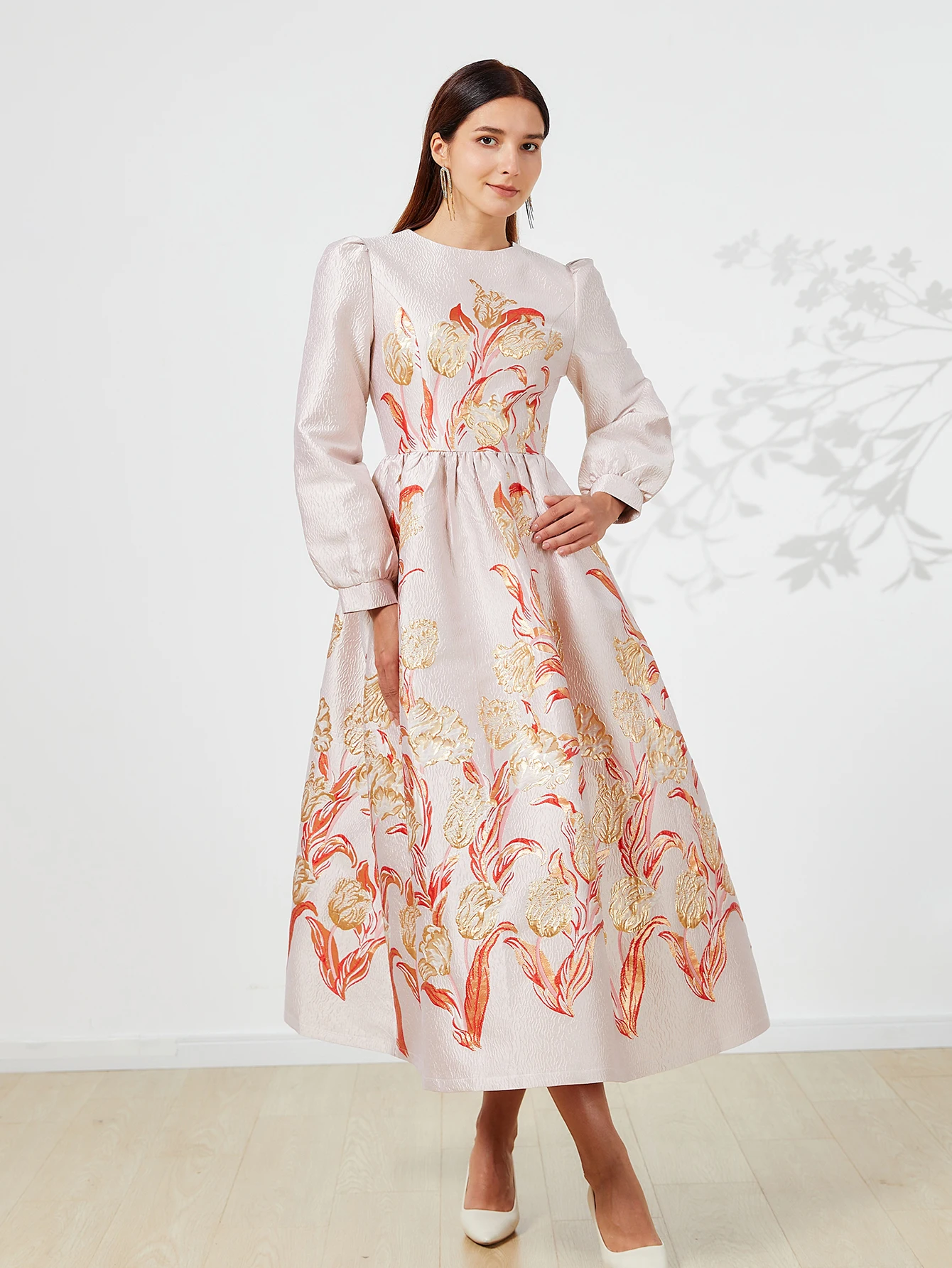 Heavy Industry Jacquard Autumn-Winter New Style Round-neck A-line Orange Gold Floral Elegant Attitude Banquet Dress