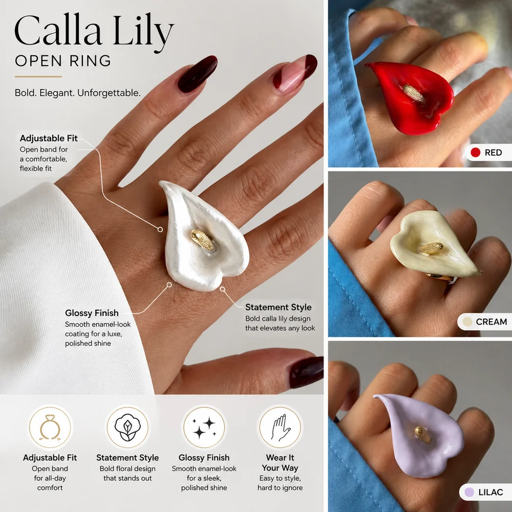 New Open Calla Flower Ring Adjustable Dripping Oil Enamel Flower Ring Exaggerated Unique Finger Jewelry Women