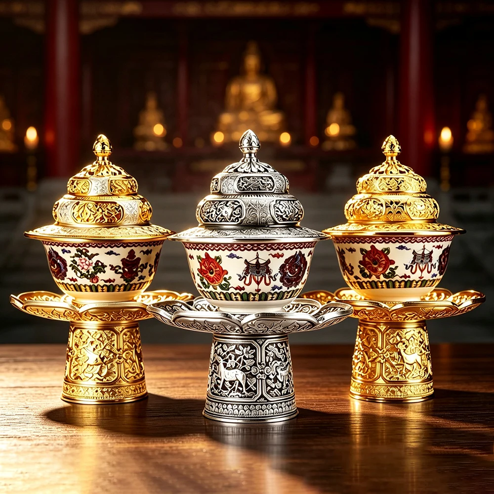 Tibetan Eight‑Auspicious Symbols Tea Stand, Mandala Fruit Plate, Lama Offering Tea Bowl, Buddhist Water Offering Altar Decor