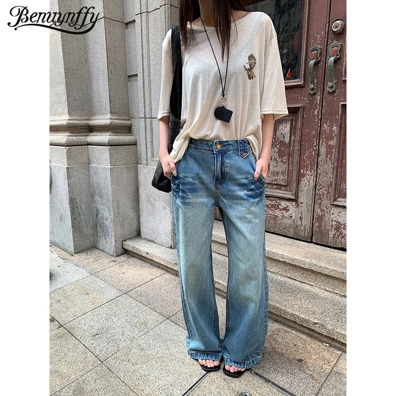 

Винтажные синие джинсы Benuynffy прямого кроя для женщин, весна 2026, новая корейская мода, свободные широкие брюки со средней посадкой