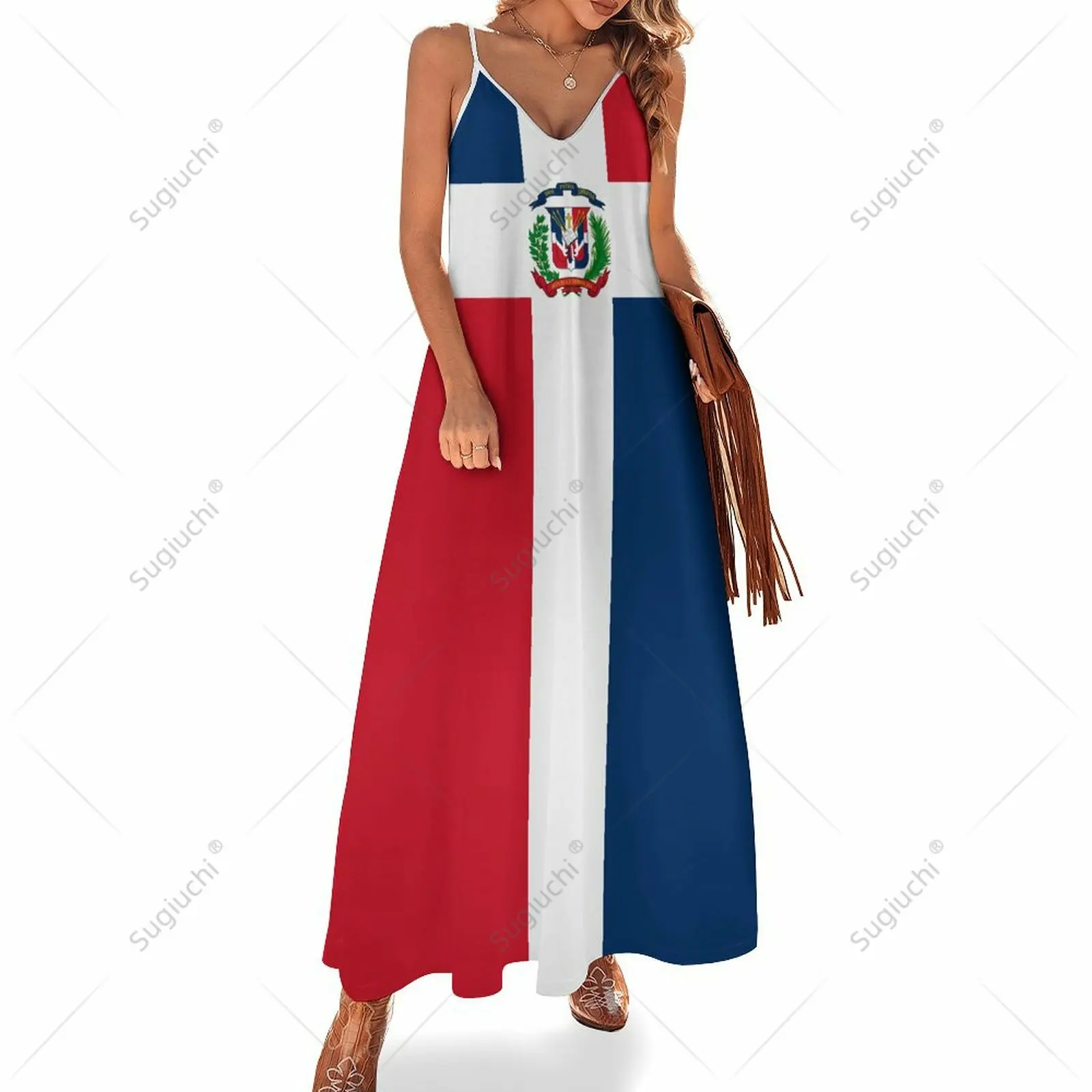 Abiti lunghi abito bandiera della repubblica dominicana stampa nuovo vestito Casual senza maniche da donna con scollo a v stampato Swing abiti retrò