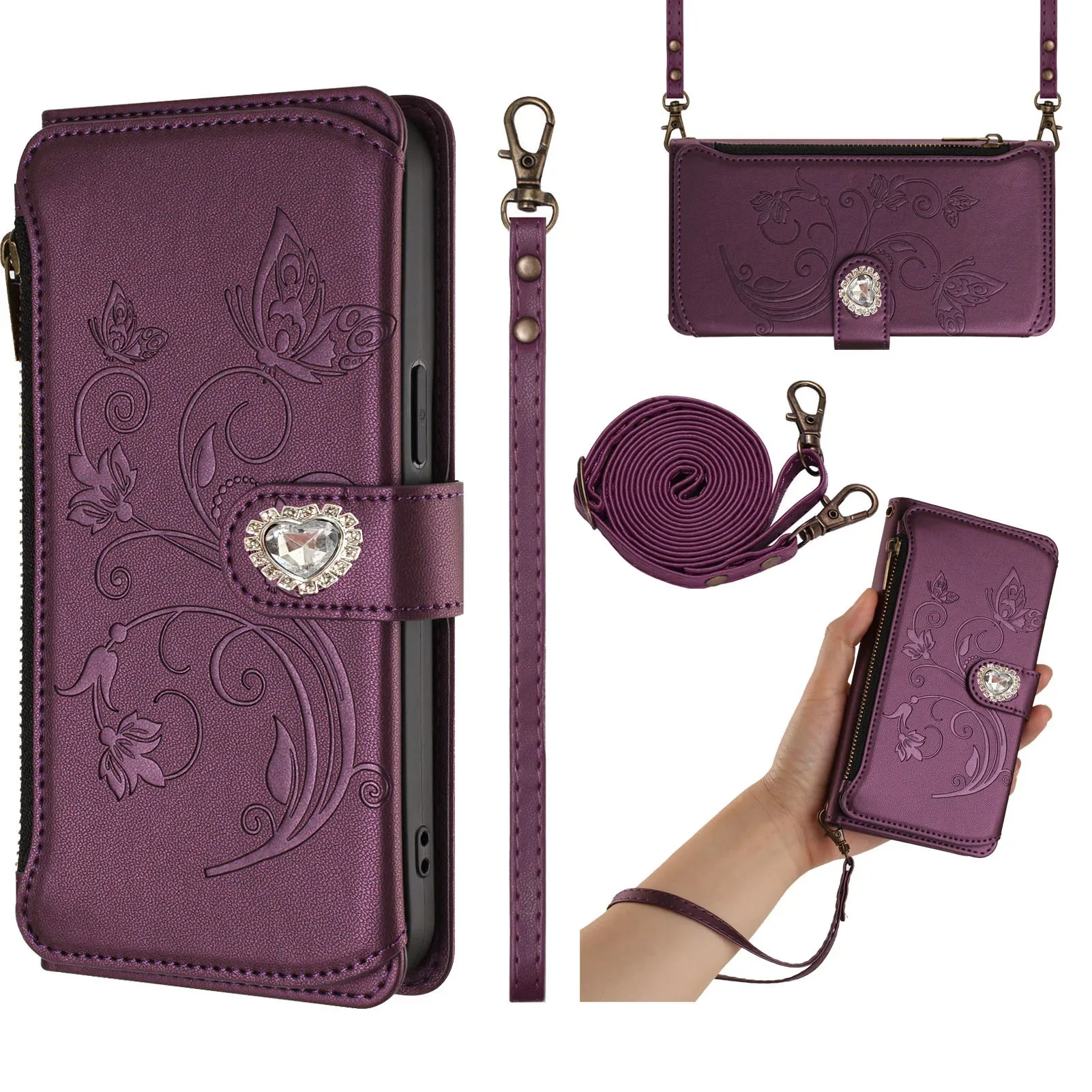 Flower Vine Crossbody Zipper Wallet Case For Samsung Galaxy Wide 8 7 6 5 A Quantum6 4 Buddy5 3 Jean 2 Jump 5G Leather Flip Cover