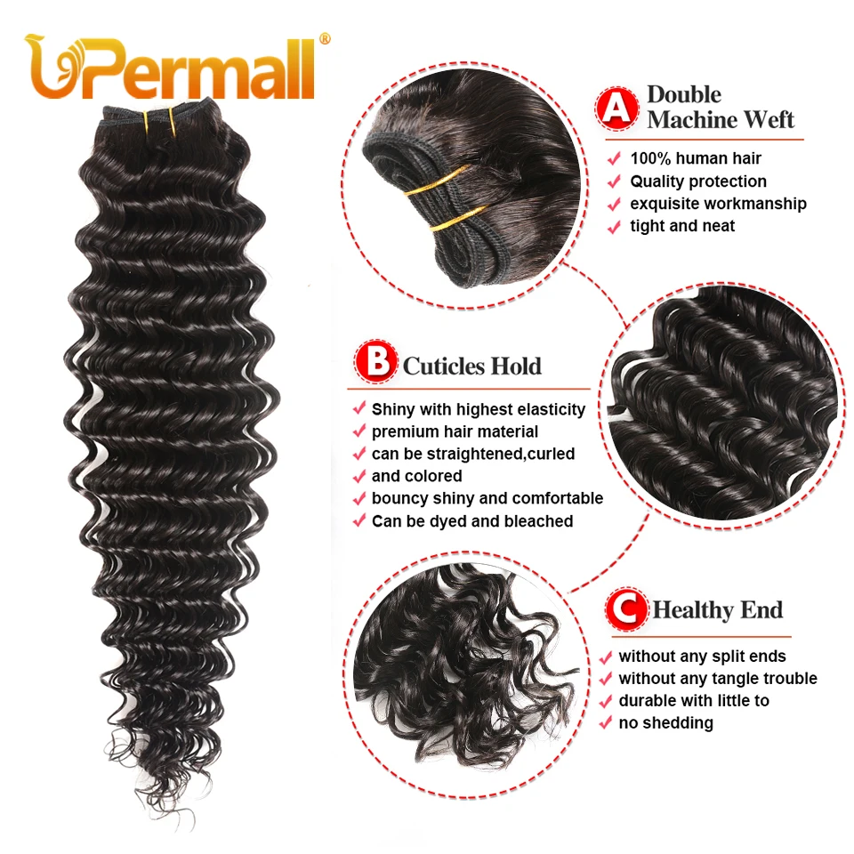 Upermall-extensiones de cabello humano ondulado, mechones suaves de 30 pulgadas, 3/4 brasileño, Remy, Color Natural, 1/100%