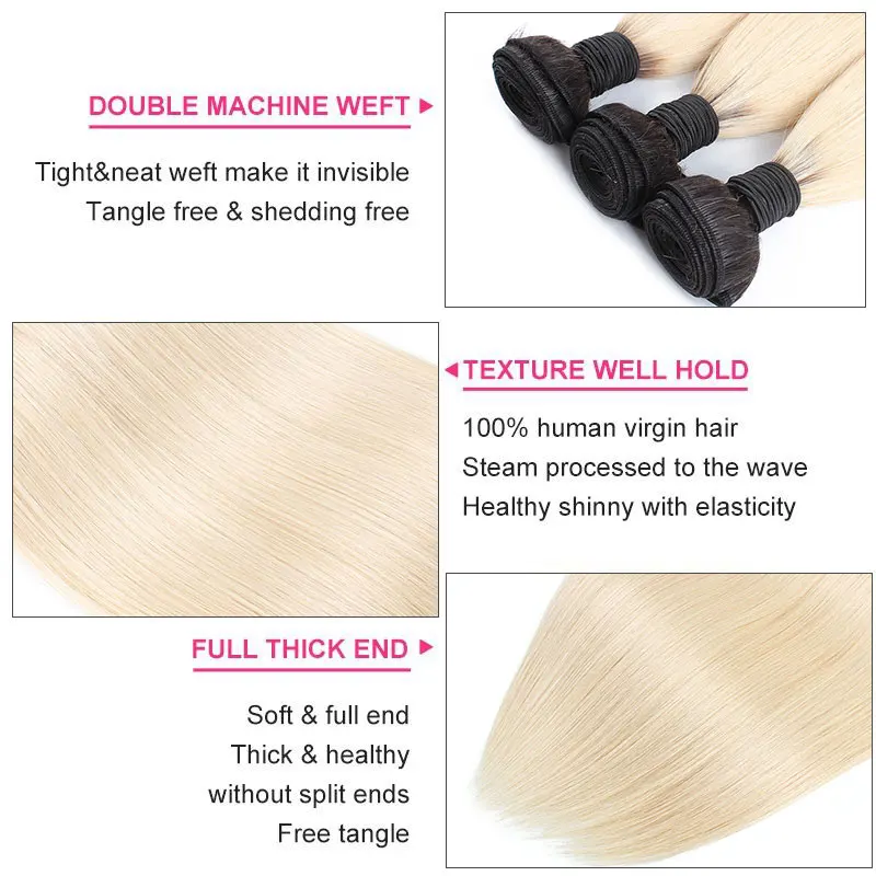 Extensiones de cabello humano Remy brasileño, mechones de pelo liso, Rubio degradado, 10-30 pulgadas, 1b, 613