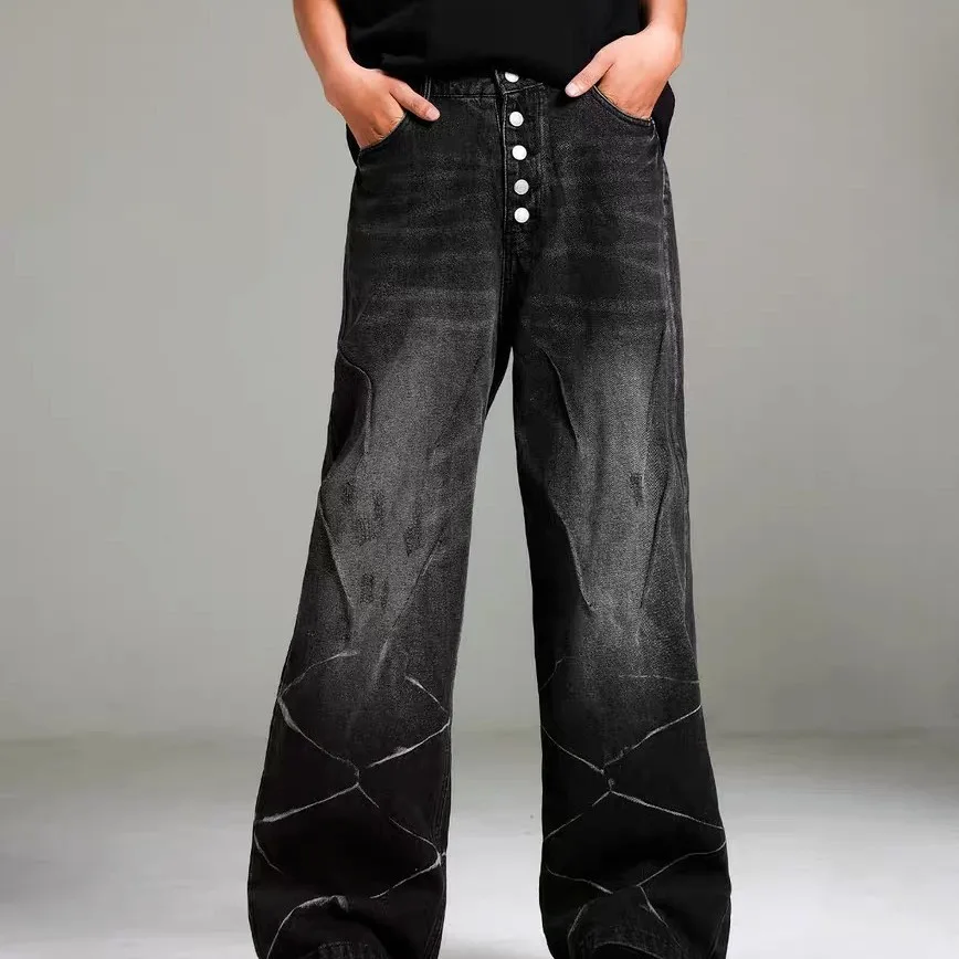 High Street Lightning Pattern Pleated Wide Leg Jeans