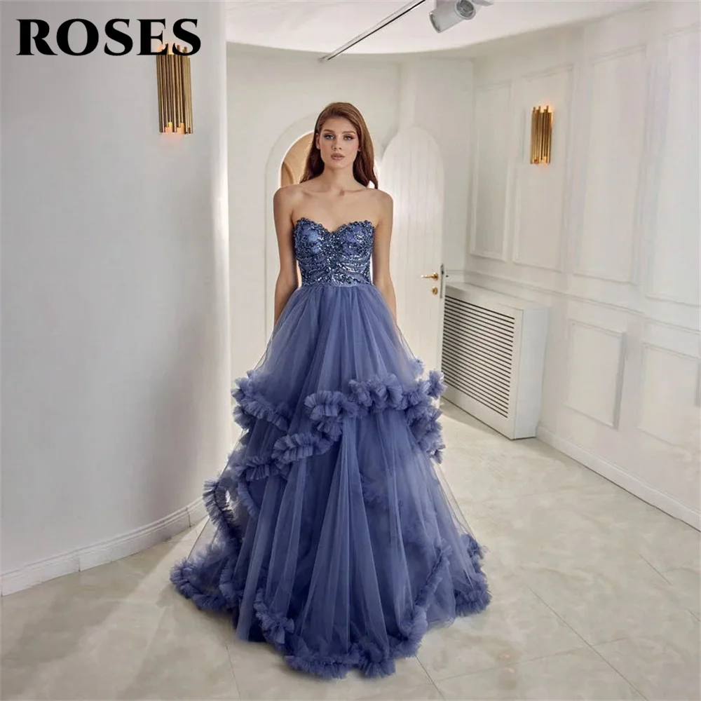 

ROSES Sweetheart Blue Prom Dresses Appliques Glitter Net A Line Party Dresses Sleeveless Tiered Layer Evening Dresses For Summer