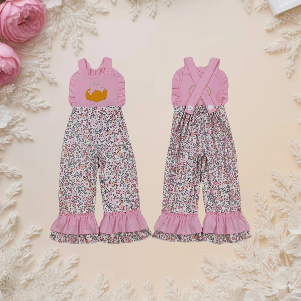 

Toddler Girl Embroidery Pumpkin Romper Pink Floral Jumpsuit Fall Ruffle Pants Cute Baby Girl Clothes for Halloween Thanksgiving