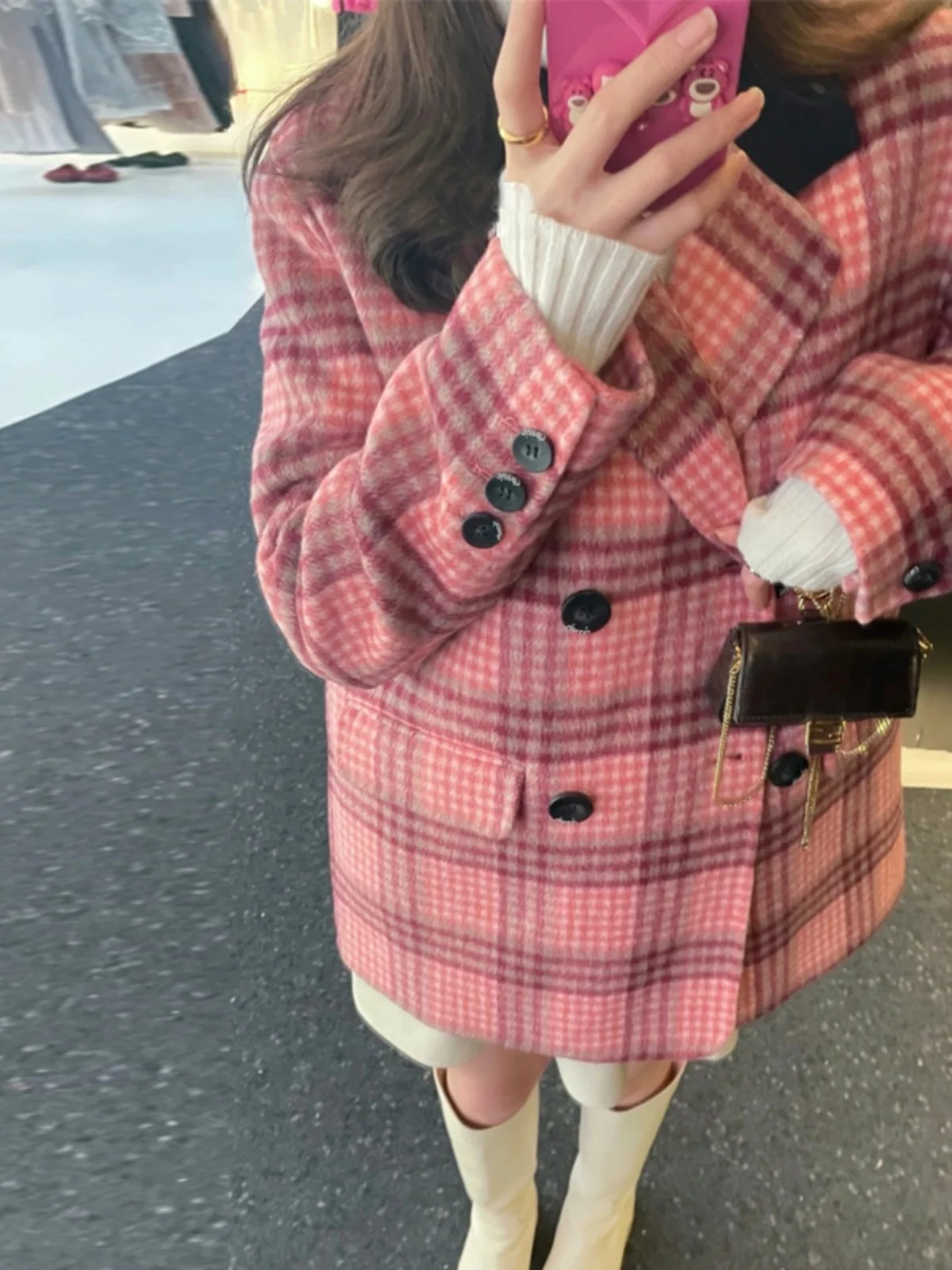 

Korean Style Retro Plaid Woolen Coat Women's Double Breasted British Style Suit Style Coat Elegant Atmosphere Long Sleeve