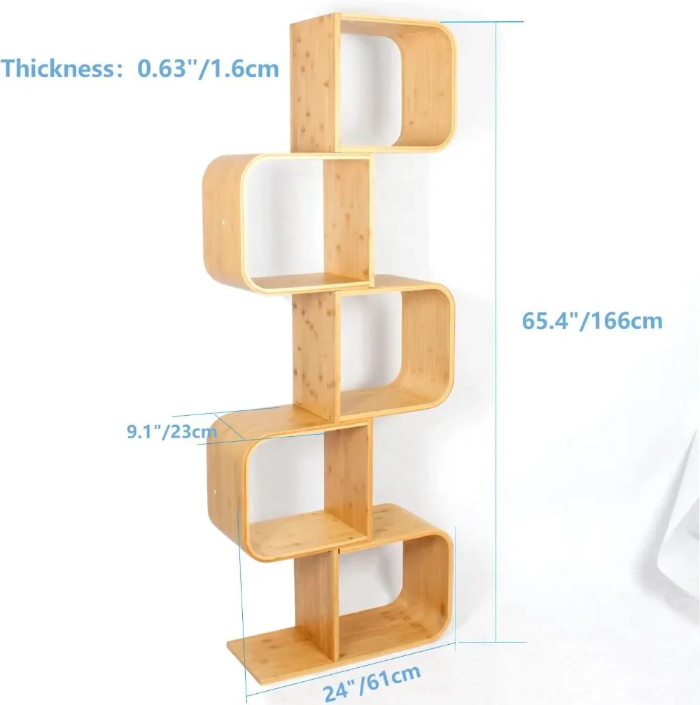 5-Tier S-Shaped Geometric Modern Bamboo Bookshelf, 2 in 1 Bookcase Storage CDs, DVDs Book Shelf for Home, Living Room