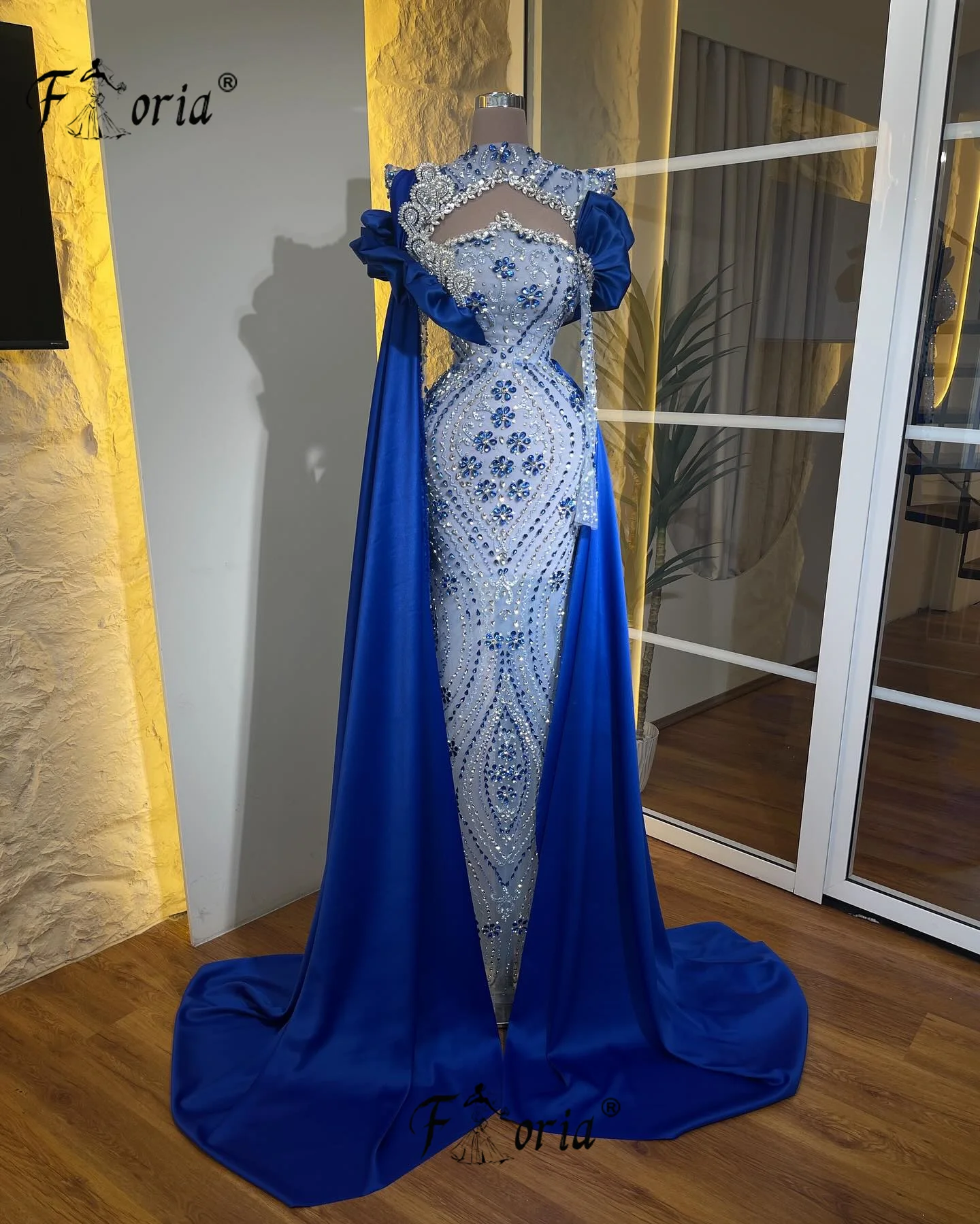 

Luxury Blue Mermaid Evening Dresses Stunning Full Crystals Mermaid Celebrity Party Dress Heavy Handmade Customized Vestidos Gala