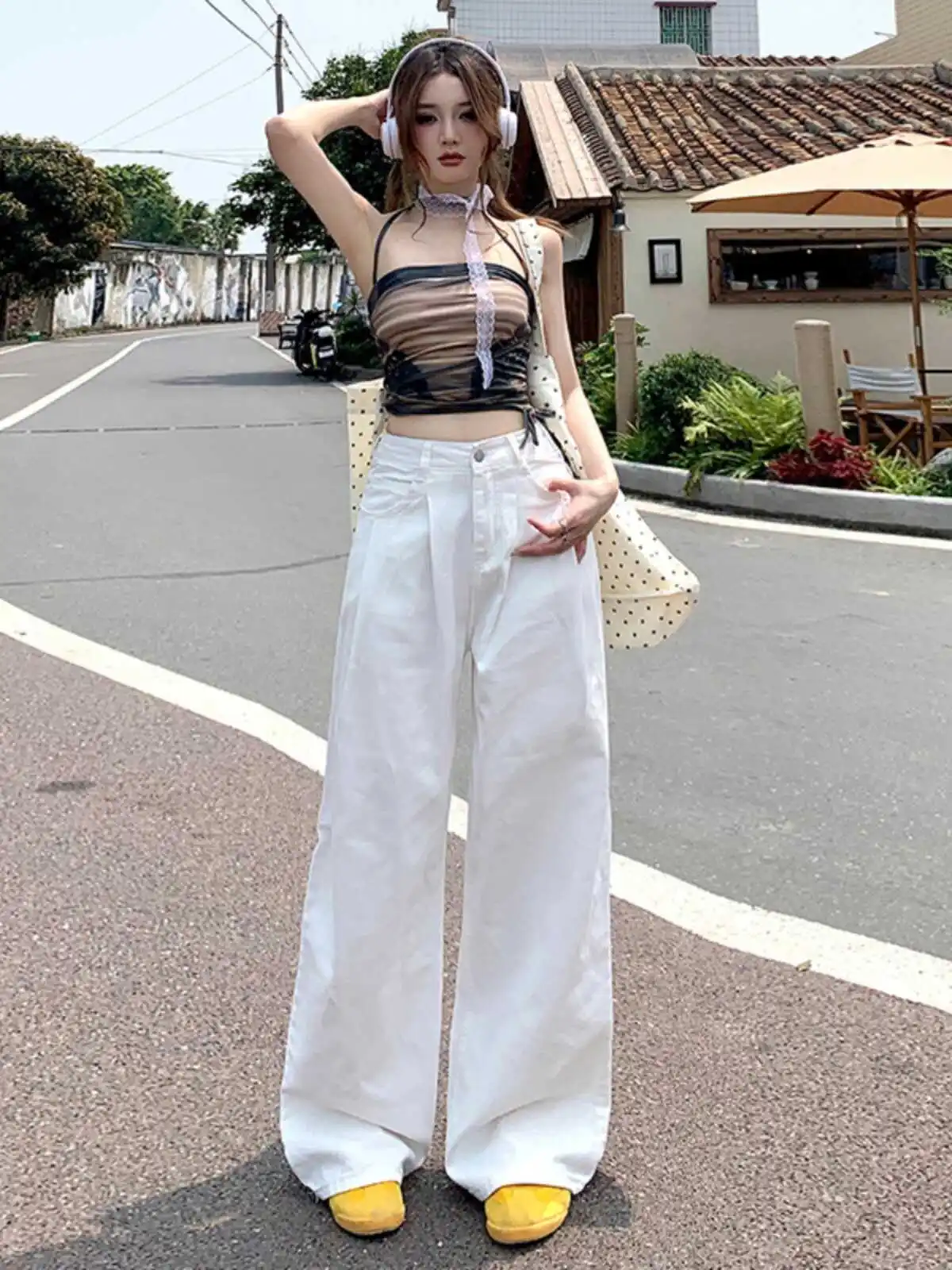 

High Waist Wide Leg Straight Cut Jeans Women's Non-Crease Faded Cotton Elastic Loose Fit Summer Long Trousers