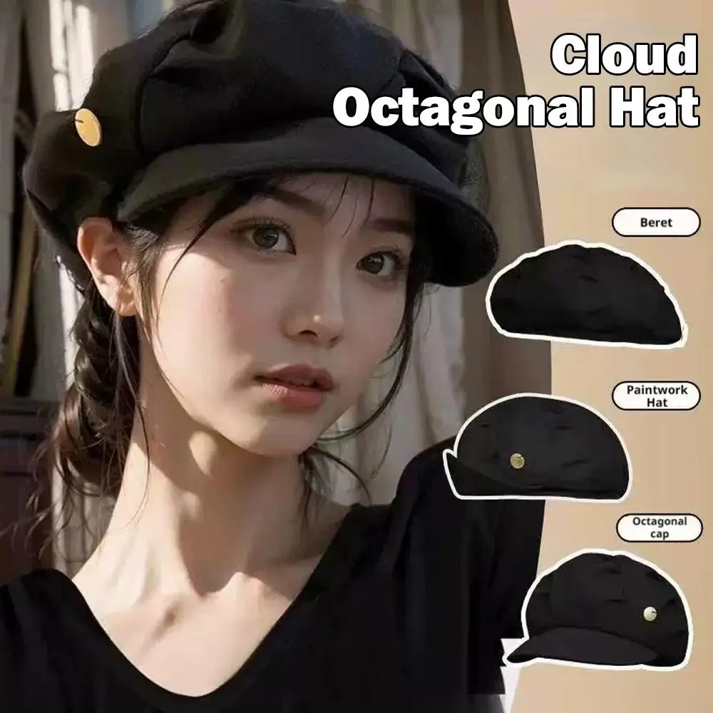 NEW Vintage Octagonal Hats Women Solid Color Pleated Berets Artist Painter Newspaper Cap Winter Autumn Casual Street Brim Caps