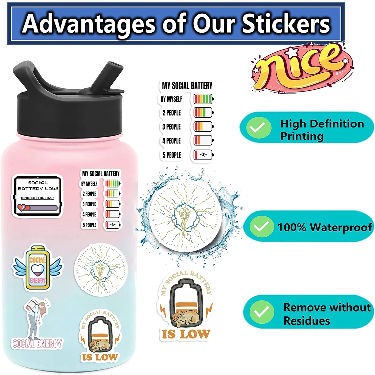 50Pcs My Social Battery Series Stickers Funny DIY Graffiti Decals PVC Waterproof Stickers Decals For Kids Boys Girls Toys Gifts