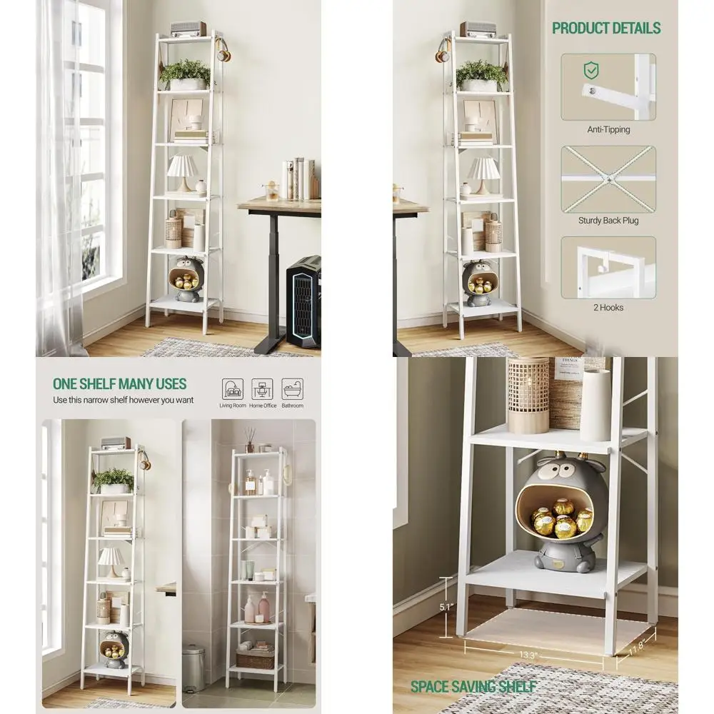 

6-Tier White Ladder Bookshelf with Hooks for Home and Office Storage