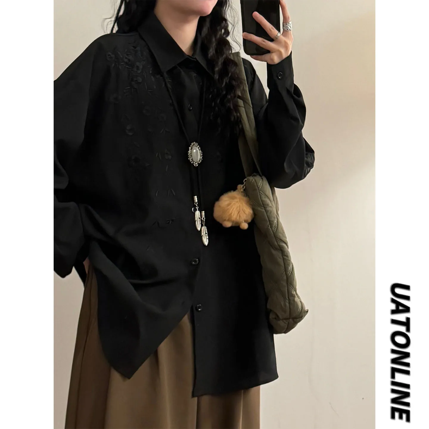 

UATONLINE2026 Spring American Retro Floral Embroidery Loose Long Sve Trendy Women's irt Versatile Casual Ne Butto...