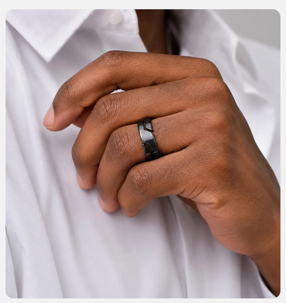 Vnox Geometrischer Ring für Männer, poliertes Edelstahlband in Schwarz-Silber-Farbe, Größe 7-11, minimalistischer Herrenring, Schmuckgeschenk – Detail 3