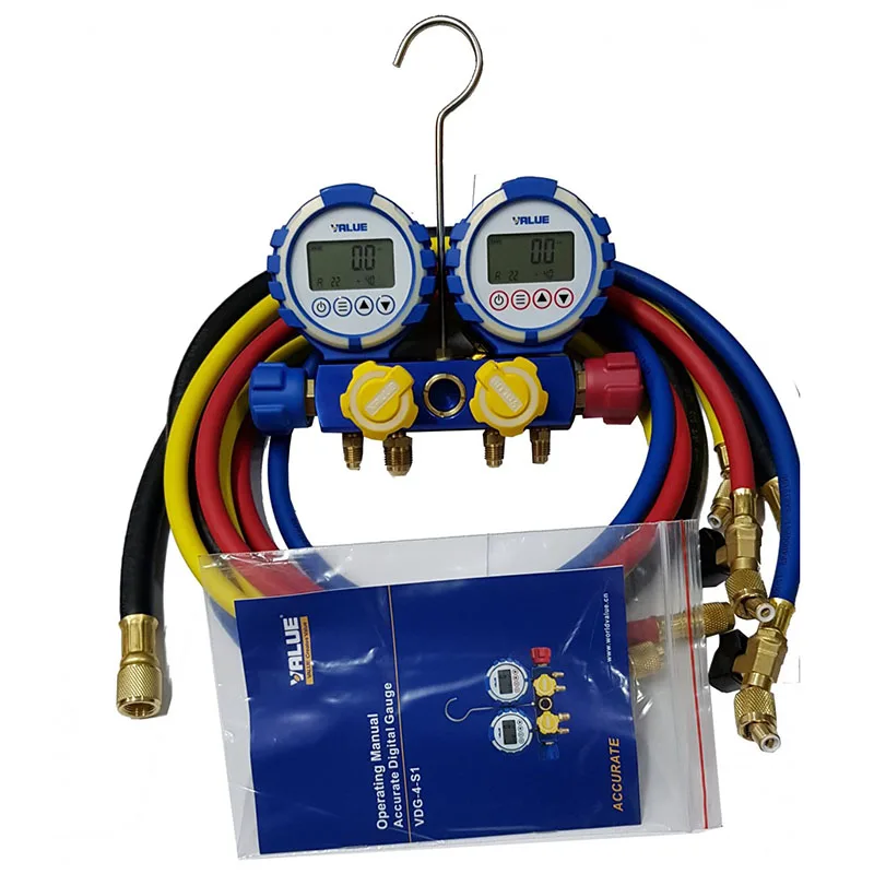 Refrigeration Tools Value 4-way Digital Multigas Manifold Gauge VDG-4-S1 With High Vacuum Hose