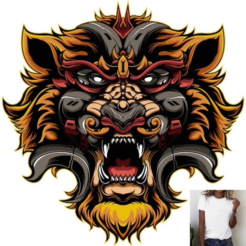 Trendy Mechanical Lion Head Heat Transfer White Ink Iron - on Patch, Stylish Guochao Style, Suitable for T - shirts/Canvas