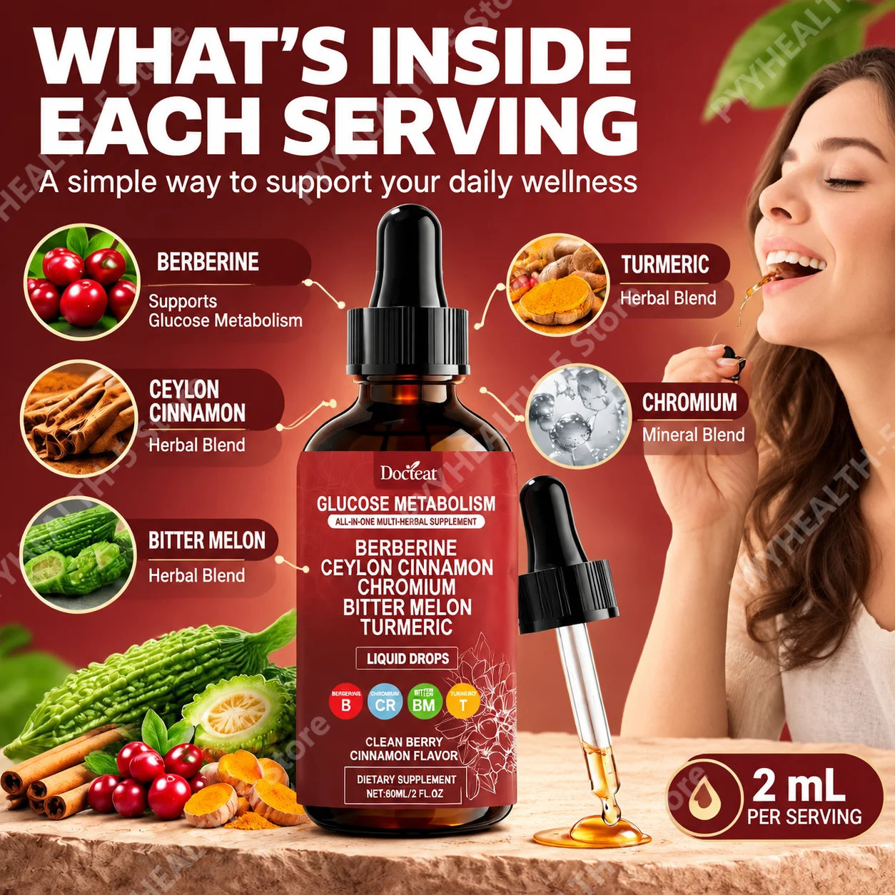 Glucose Metabolism Drops Stabilize Glucose Levels, Stimulate Digestion Berberine Ceylon Cinnamon Chromium Herbal Blend 60 ML