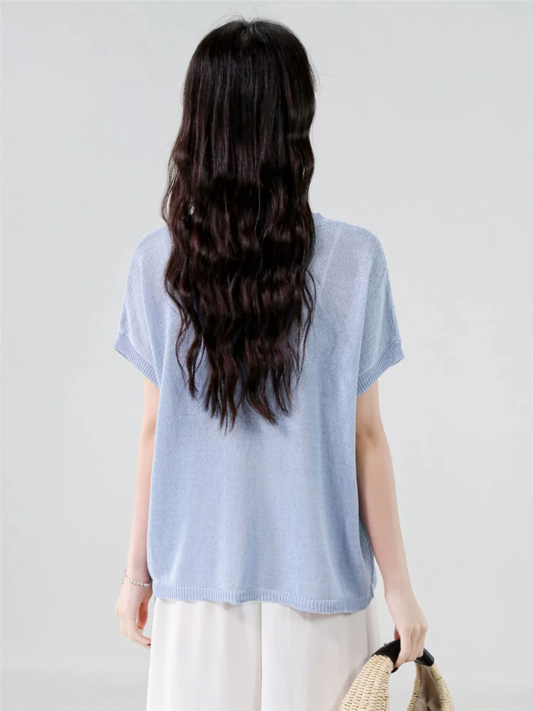 New Women Summer Thin Knitted T-shirt Fashion O-Neck Short Loose Daily Knitting Pullover Casual Simplicity Basic T-shirt