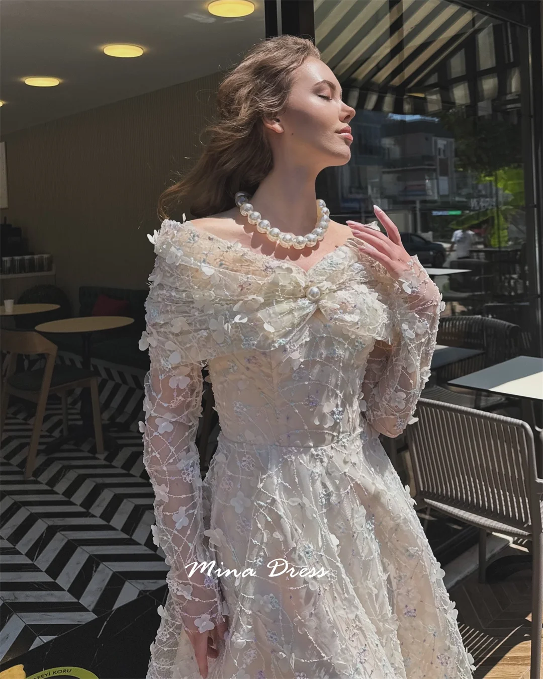 

Mina Customized 3D Flower Sequins. Long Sleeves Evening Dress Luxury Elegant Womens Party Dresses for Special Occasions V-neck