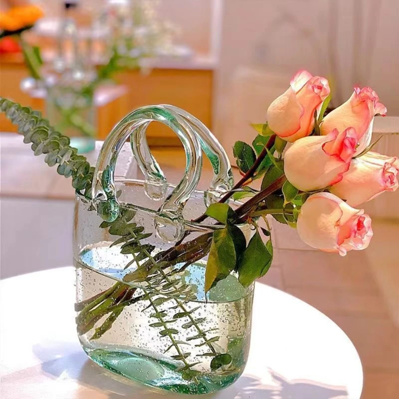 Clear Glass Vase Fish Tank Tote Bag Flower Handbag Bag Vase Desktop Centerpiece for School Office Bedroom Decoration