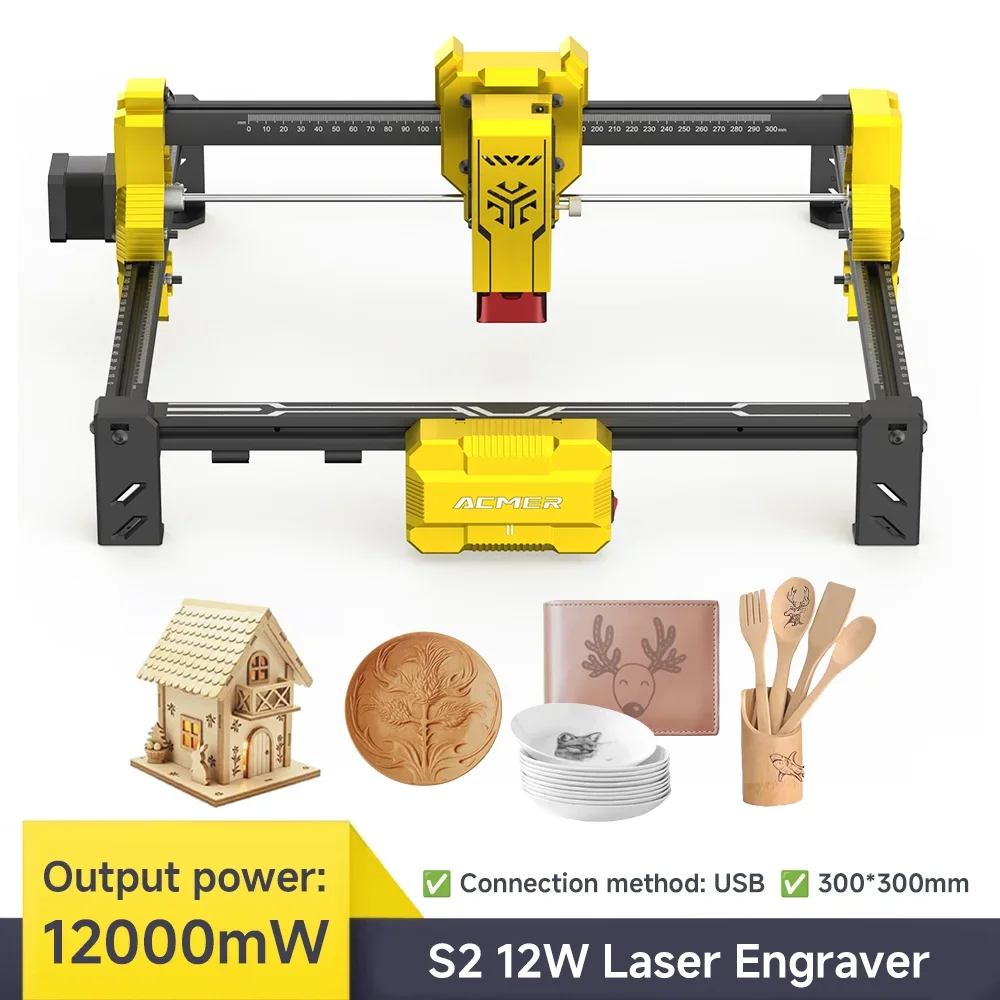 

ACMER S2 12W Laser Engraver Yellow 300*300MM Upgradeable Engraving Cut Machine For Engravable Wood Lacquered Metal