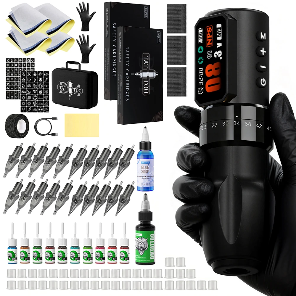 Black/Orange Tattoo Machine Kit Wireless Adjustable Stroke Tattoo Pen Coreless Brushless Motor With Tattoo Needle Tattoo Ink Cup