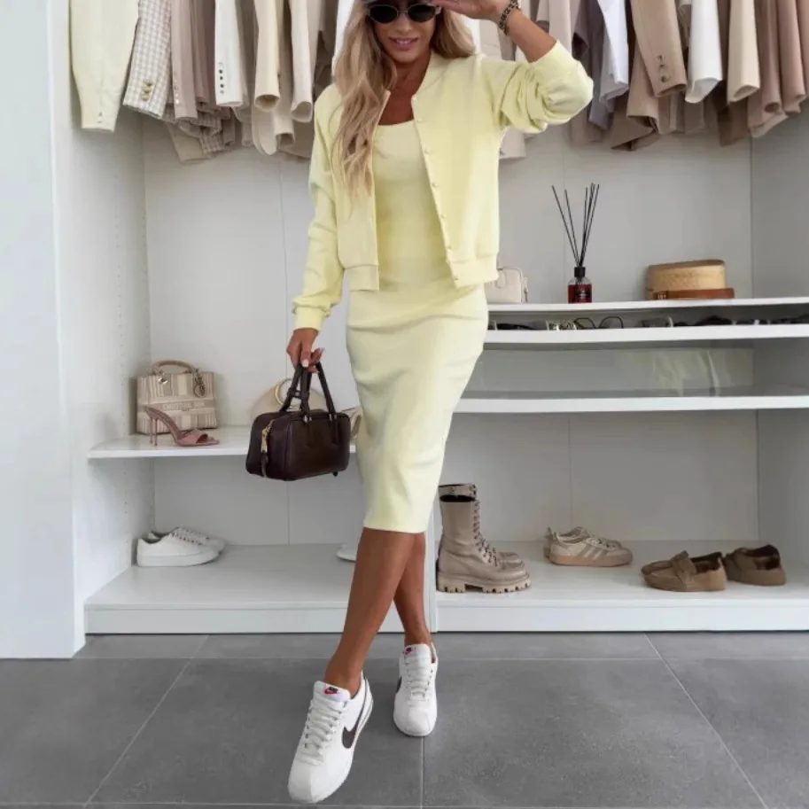 

Solid Color Summer Dress Set Sleeveless Maxi Dress with Cover-Up Temperament 2Piece Suit Split Hem High Waist Cardigan Dress Set