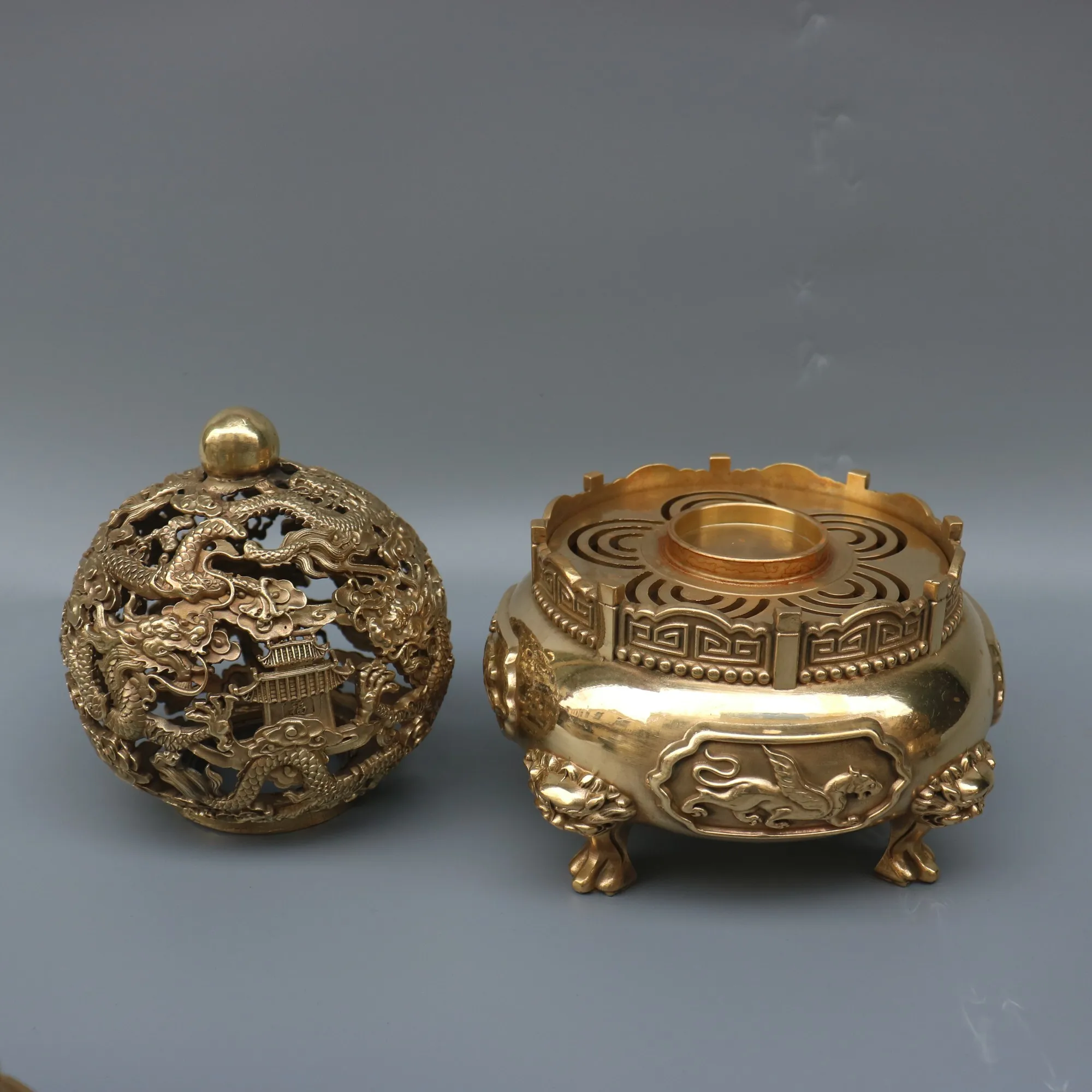 Coleção do templo tibetano, Bronze antigo, nove Dragon Hollow Ball, Qiankun incenso queimador, acumular riqueza ornamentos, Town House e exorcismo, 9