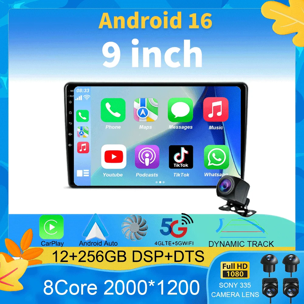

9-дюймовый Android 16 экран QLED 2000x1200 для Volkswagen, Nissan, Hyundai, Kia, Toyota, Honda BTDTS, универсальная автомобильная мультимедийная система с GPS