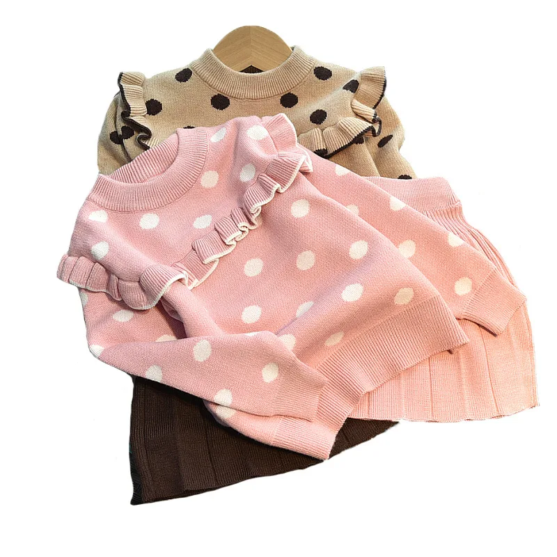 Fall Little Girls Casual Knitwear Set Baby Girls Cute Baby Walking Korean Style Polka Dot Dress 2024 Winter Mother Kids Sets