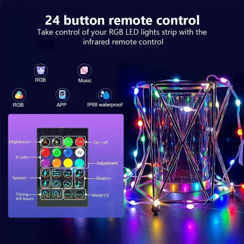 USB RGBIC LED Smart Fairy Lights APP Control Bluetooth String Light Waterproof Music PVC Wire DIY Birthday Party Christmas Tree