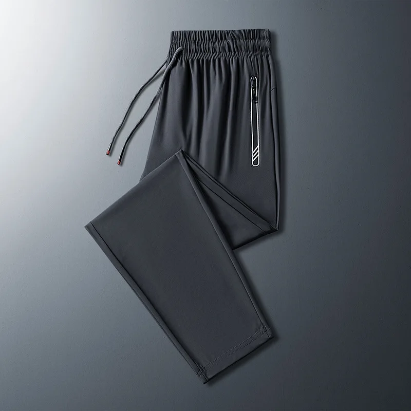 Spring and Autumn Men's Elastic Waist Solid Color Drawstring Zipper Pocket Straight Barrel Harlan Trousers Fashion Casual Pants
