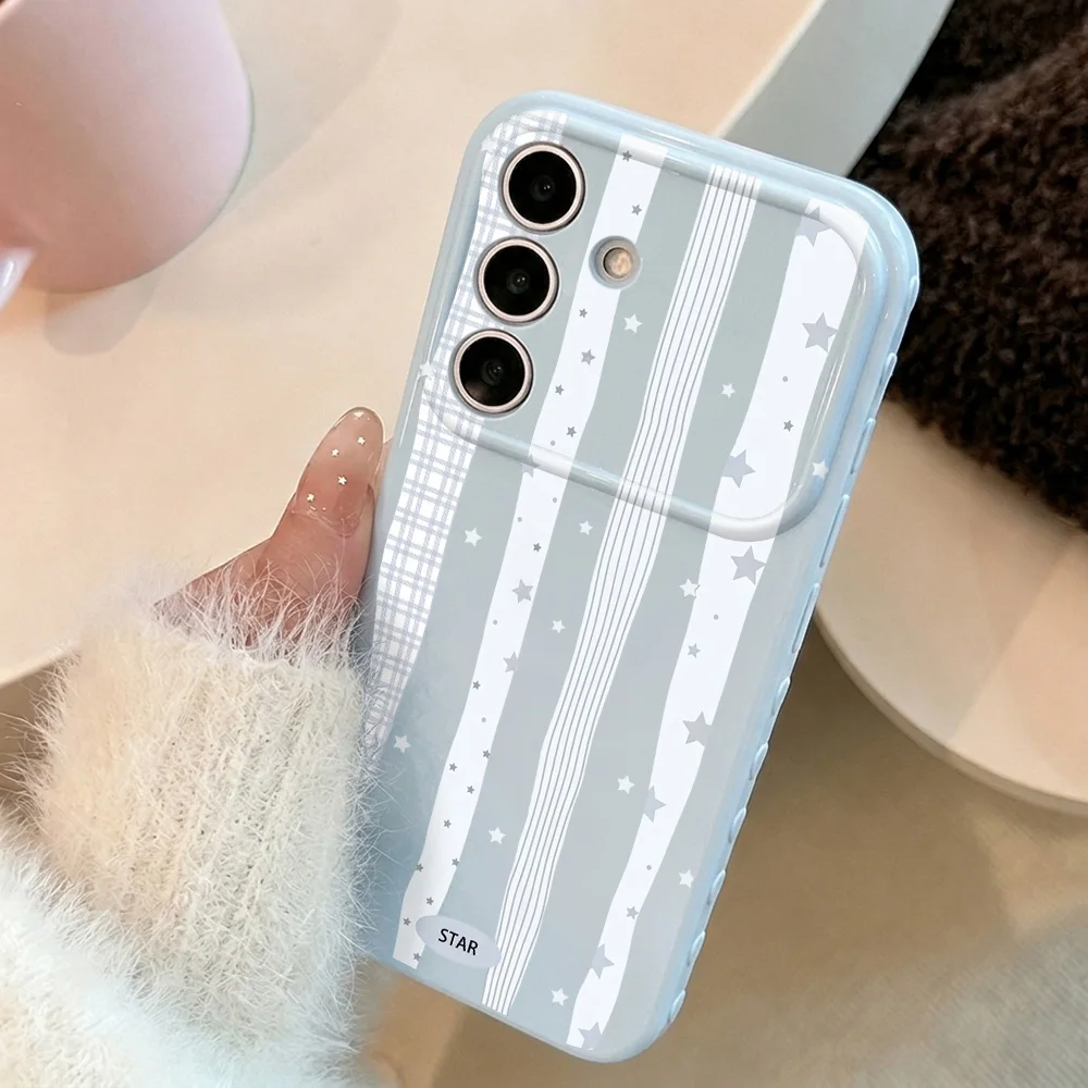 Phone Case for Samsung Galaxy A56 A54 A36 A37 A55 A35 A17 5G A06 A07 A16 A15 4G Cases Light Blue Fundas Stripe Star Large Window