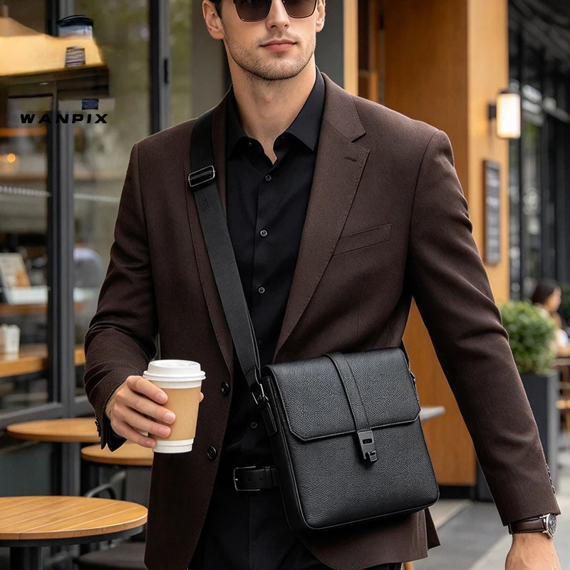 New Men's genuine leather shoulder crossbody bag for business commuting, retro black top layer cowhide flap square bag buckle