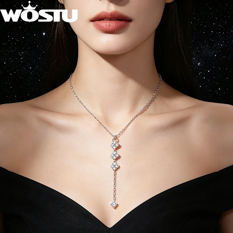 WOSTU Zierliche Y-förmige Zirkon-Anhänger-Halskette für Damen, platiniert, Y2k-Kleeblatt-Halsband, lange Kettenglieder, hypoallergen