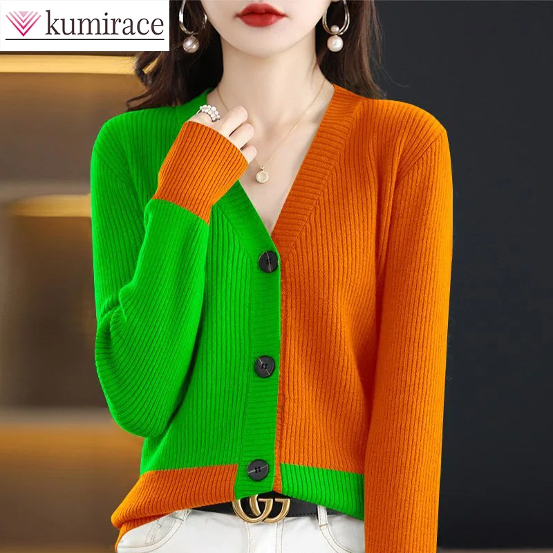

2023 New Korean Version Cardigan Women's V-neck Color Matching Sweater Loose Knit Long Sleeved Women's Top Clothes for Women