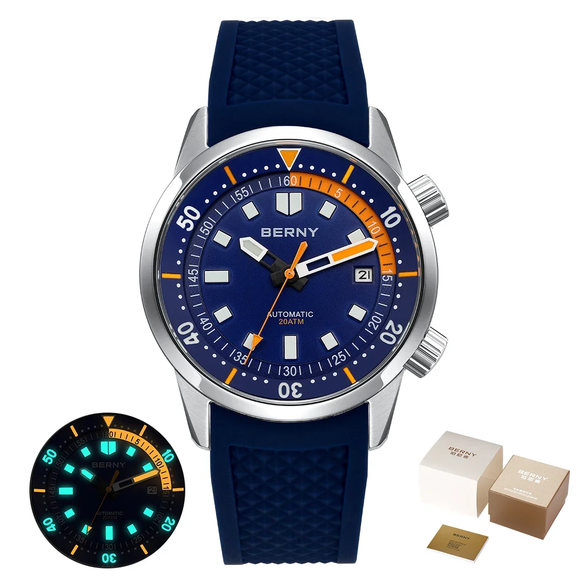 BERNY Herren-Taucheruhren, 200 m wasserdicht, superleuchtend, automatische mechanische Taucheruhr, 42 mm, Saphir-Schwimm-Tauch-Armbanduhr 7
