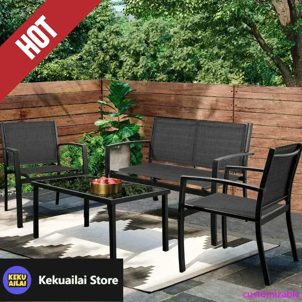Juego de muebles de Patio HOT-4 piezas, juegos de conversación al aire libre para Patio, césped, jardín, piscina con mesa de centro de cristal, negro